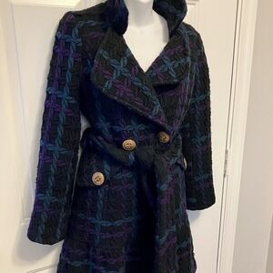 Sunner Tweed Sz‎ XS 2/4 Black Purple Green 100% Wool Mid-Length Coat Women's